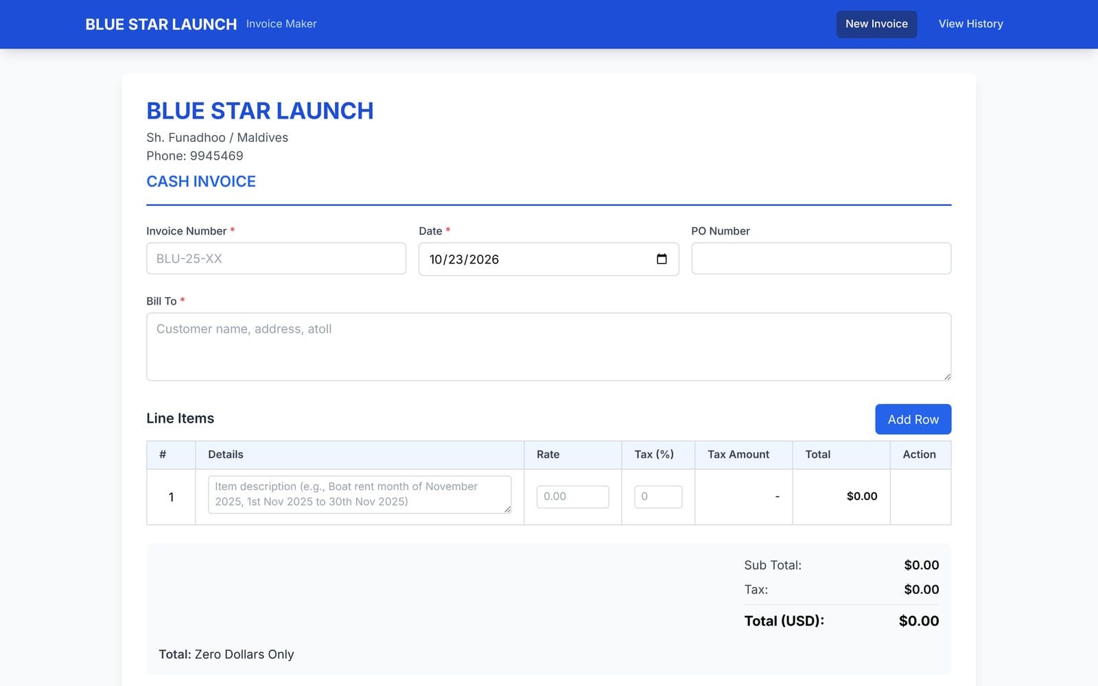 Blue Star Launch invoice maker