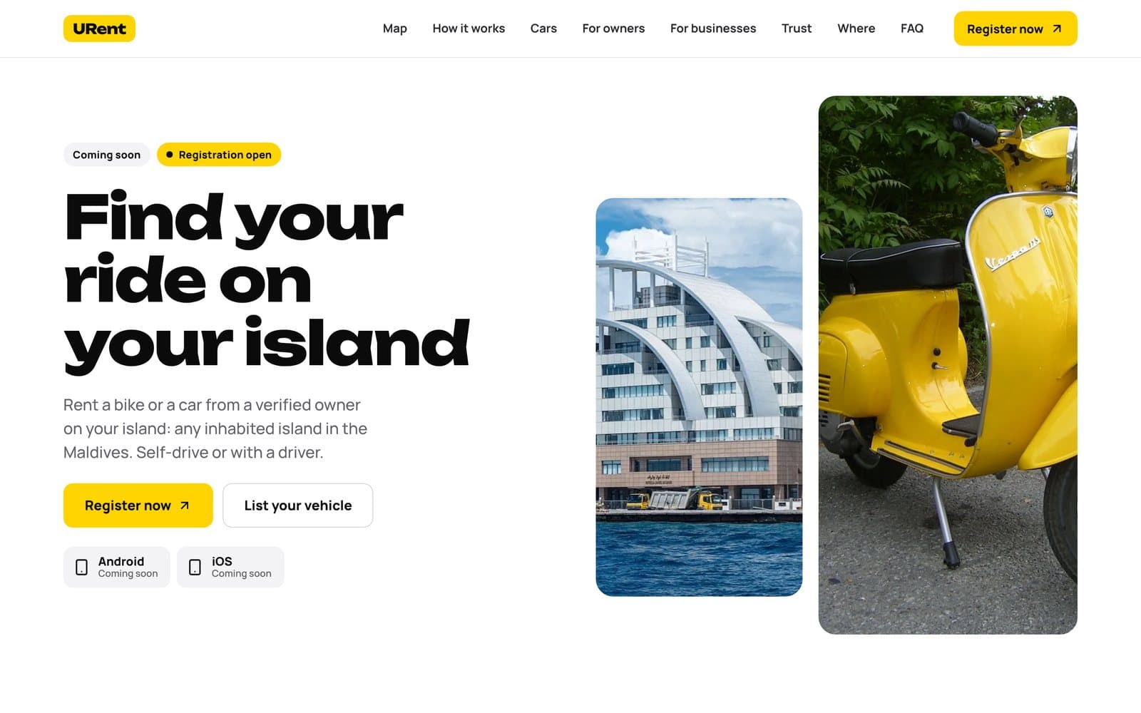 URent homepage: Find your ride on your island
